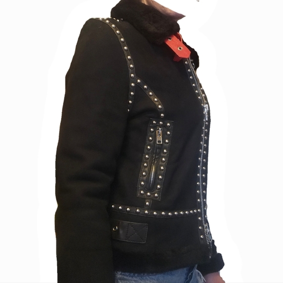 Givenchy Paris Black Shearling Wool Red Leather Studded Moto Jacket Size Medium - Picture 5 of 16